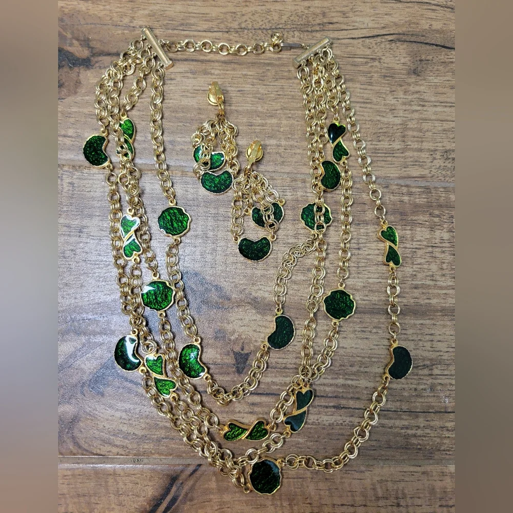 vintage green and gold necklace with matching earrings set